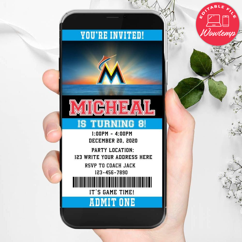 Electronic Miami Marlins Birthday Flyer Instant Download
