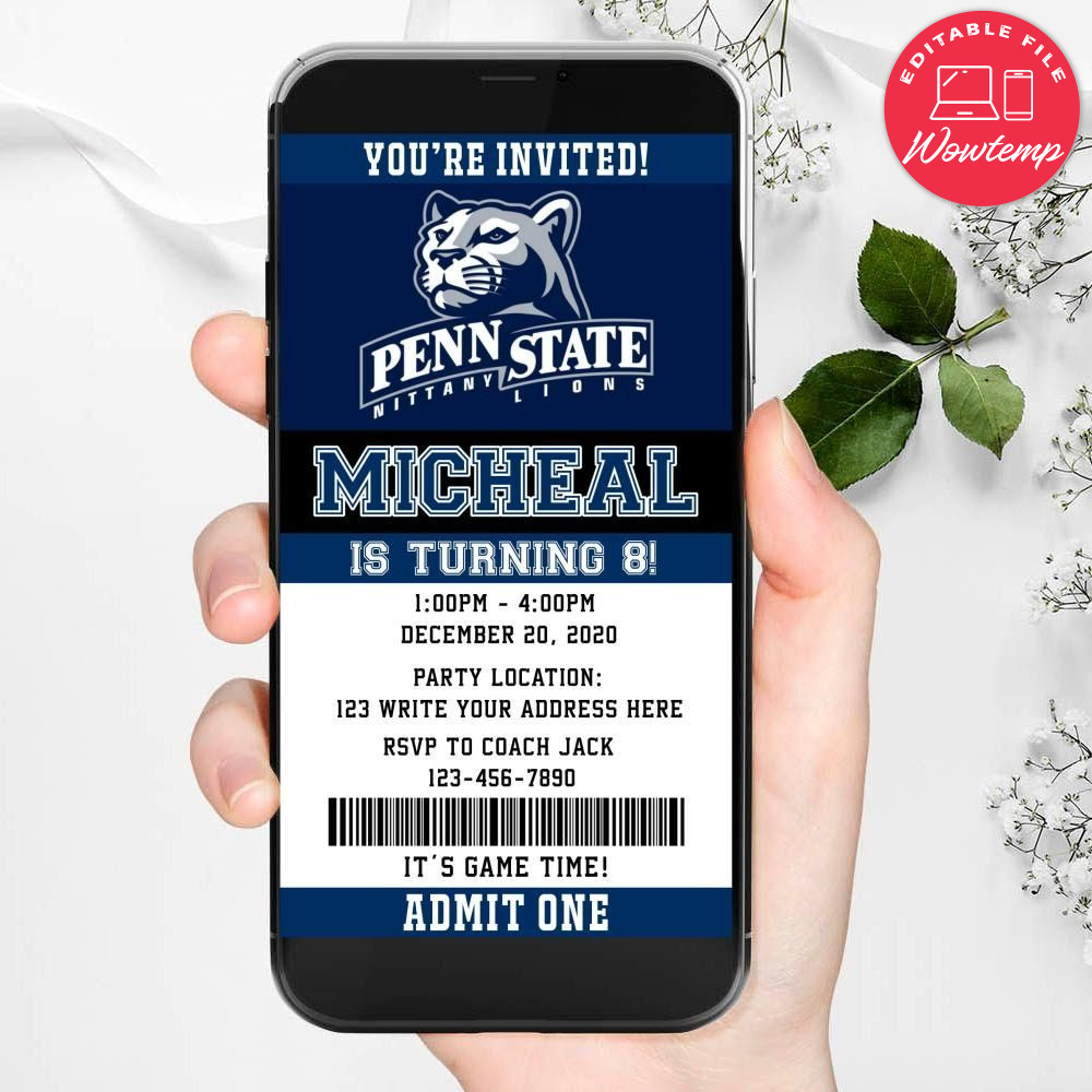 Electronic Penn State Nittany Lion Ticket Electronic Invite Birthday Flyer Instant Download