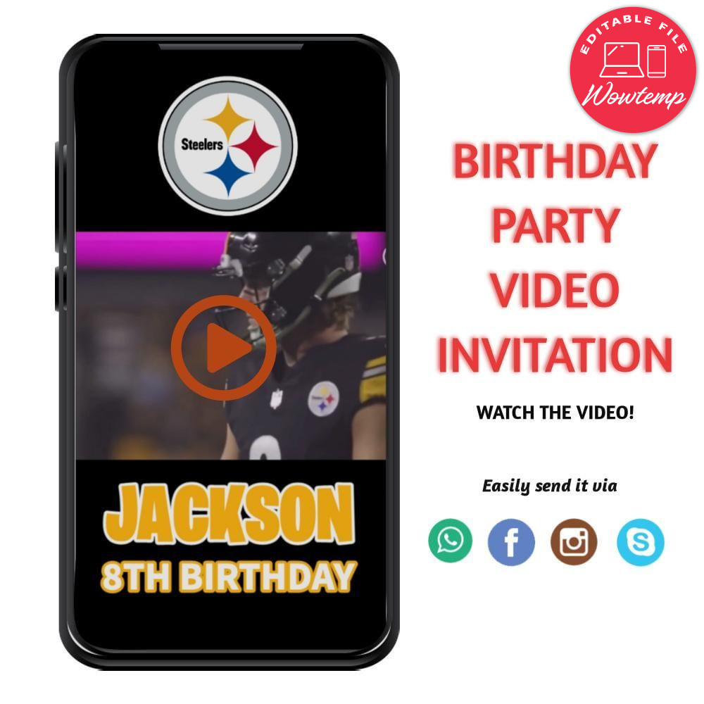Pittsburgh Steelers Birthday Video Invitation Digital Template Customizable Instant Download