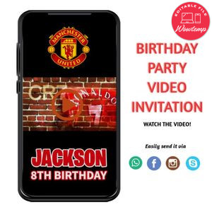 Manchester United Birthday Video Invitation Digital Template Customizable Instant Download