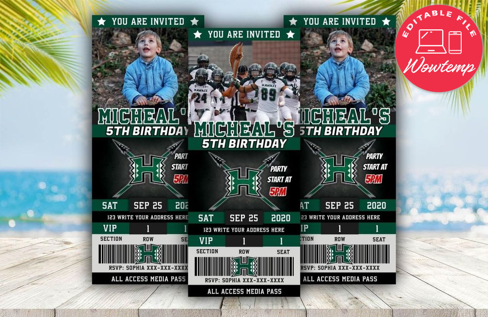 Hawaii Rainbow Warriors Ticket Birthday Editable Templates Instant Download