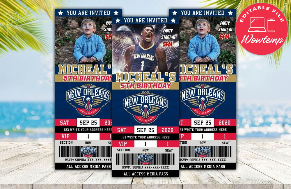Editable New Orleans Pelicans Birthday Ticket Invitations Instant Download