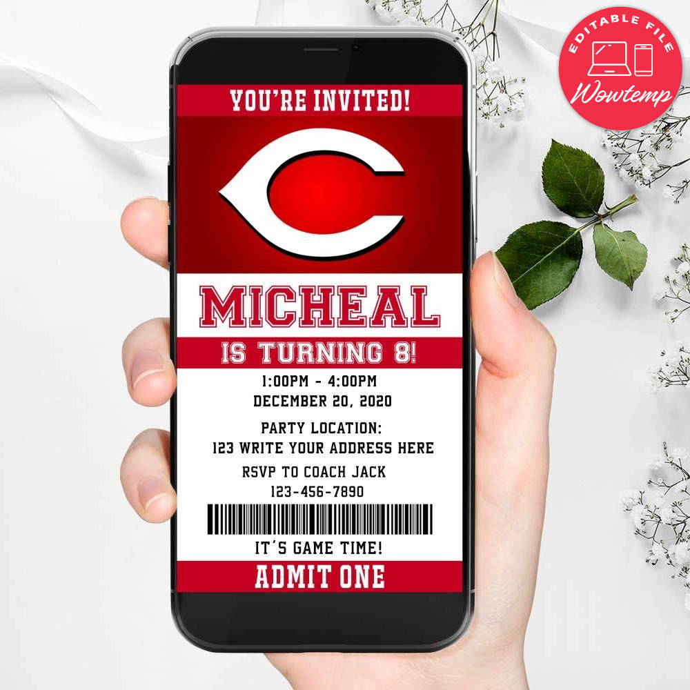 Electronic Cincinnati Reds Birthday Flyer Instant Download