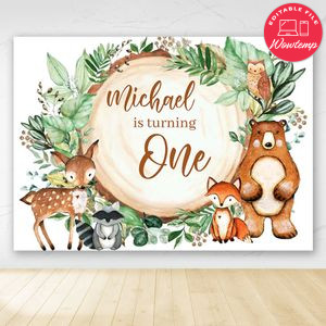 Woodland First Birthday Party Banner Backdrop Printable Instant Download