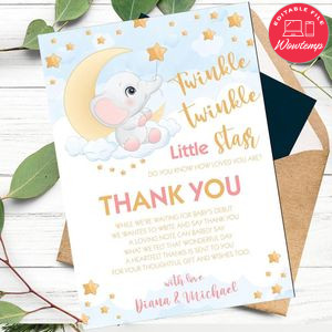 Twinkle Twinkle Little Star Thank You Card Template Customizable to print at home Instant Download