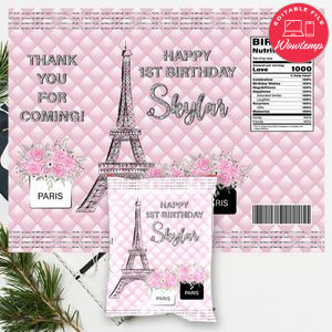 Pink Paris Birthday Chip Bag Digital File Instant Download