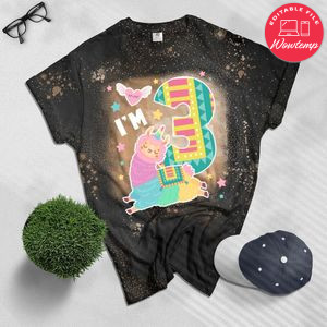 Llama I'm 3 year old Girl Theme 3rd B-day Farm Gift Bleached Shirt
