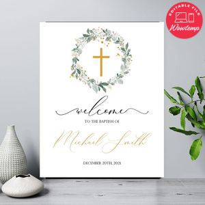 Gold Greenery Baptism Welcome Sign Customizable Template Instant Download