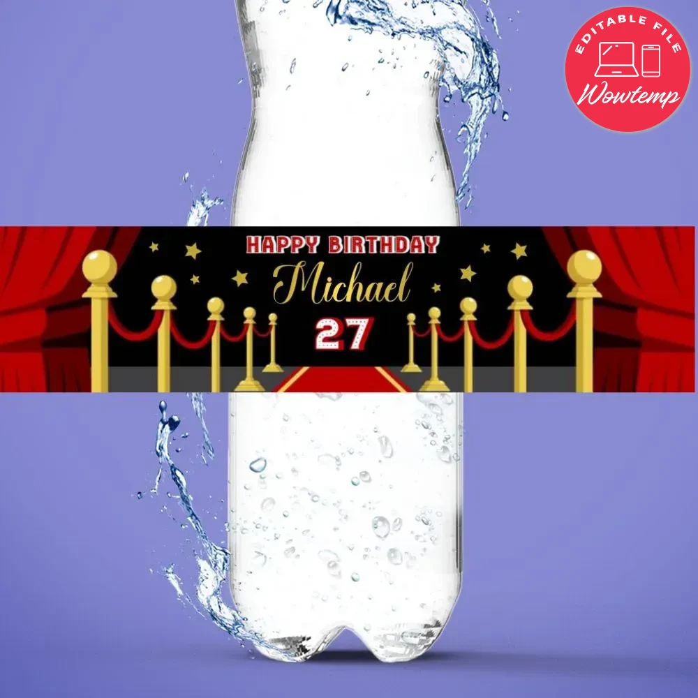 Red carpet Birthday Water Bottle Label Template | Wowtemp