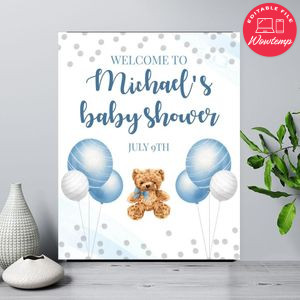 Blue and Silver Teddy Bear Baby Shower Welcome Sign Printable Instant Download
