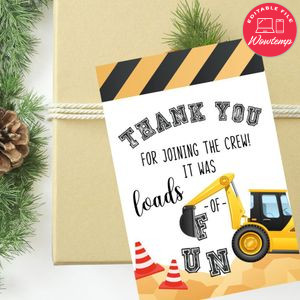 Construction Birthday Thank You Tag Custom Template Instant Download