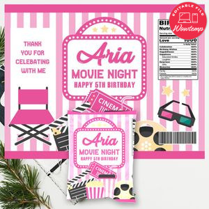 Pink Movie Night Birthday Chip Bag Digital File Instant Download