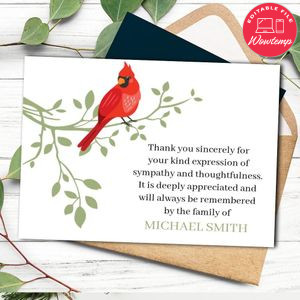 Red Cardinal Funeral Thank You Note Card Template to print at home Instant Download
