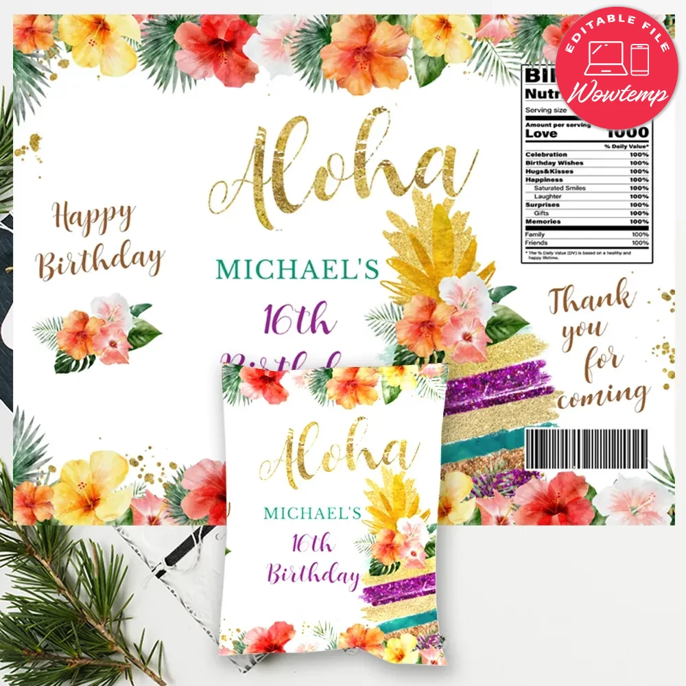 Hawaiian Luau Birthday Chip Bag Digital File DIY | Wowtemp