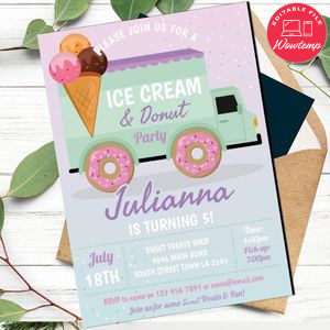 Ice cream and doughnut Birthday Party Invitation Printable Instant Download