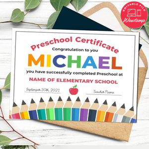 Preschool Certificate Customizable Template Printable Instant Download