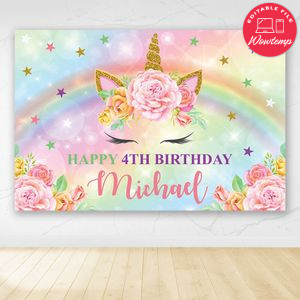 Happiest Rainbow Unicorn Birthday Party Banner Backdrop Printable Instant Download