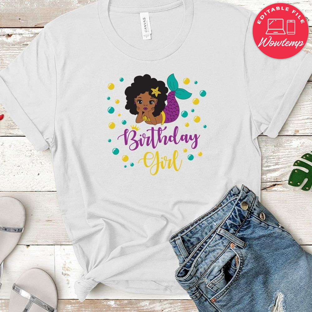 Black Afro Mermaid Birthday Girl T-Shirt