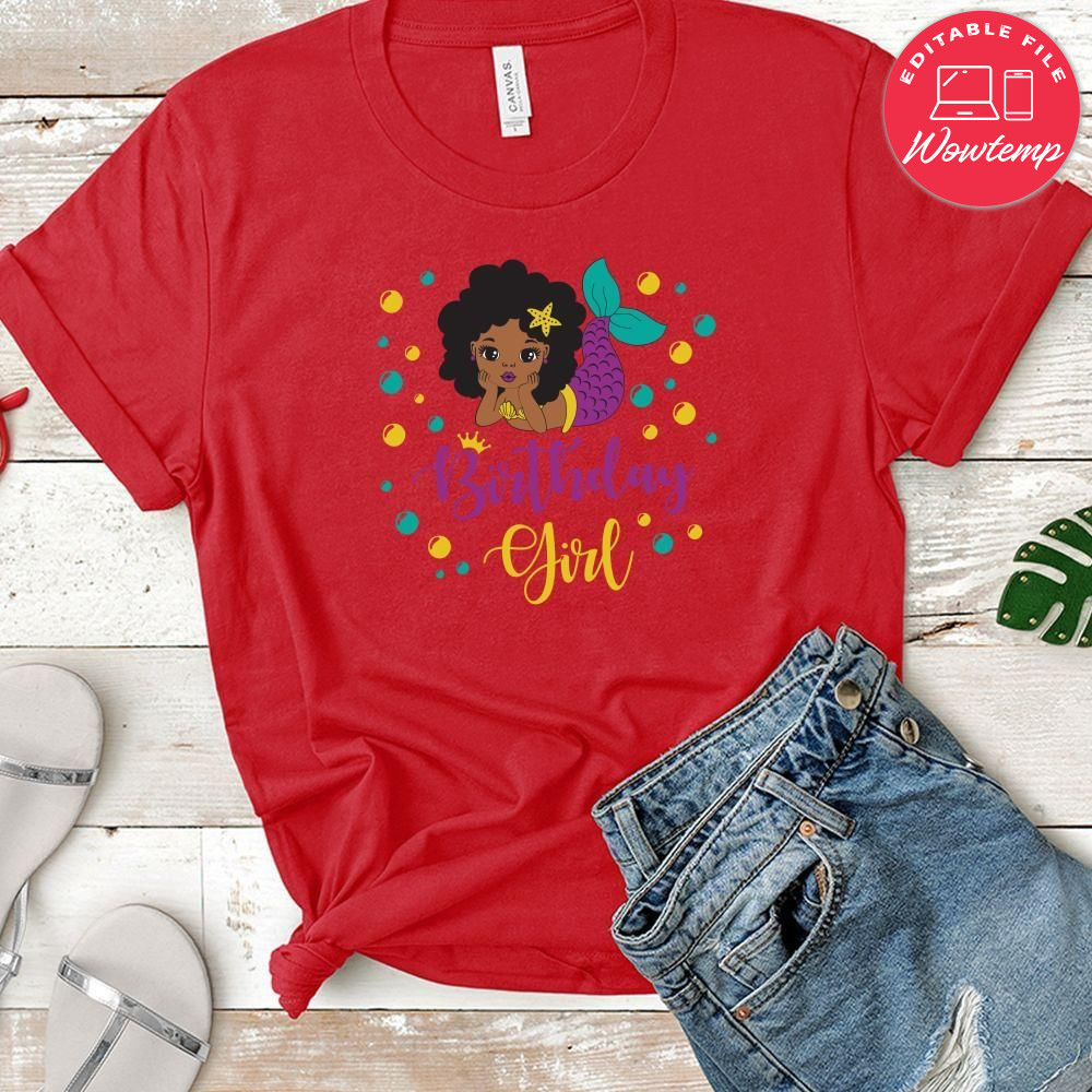 Black Afro Mermaid Birthday Girl T-Shirt