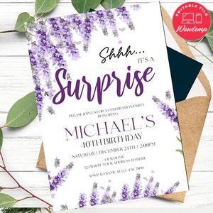 Shhh it's a Surprise Lavender Birthday Flyer Customizable Template Instant Download