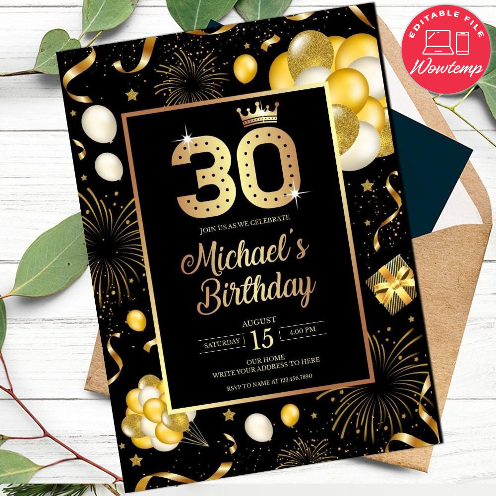 Gold Black Women Birthday Flyer Customizable Template to print at home Instant Download