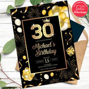 Gold Black Women Birthday Flyer Customizable Template to print at home Instant Download