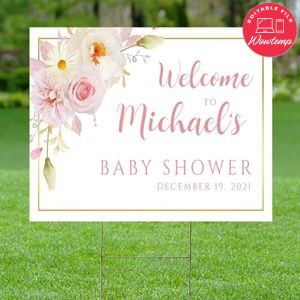 Pink Floral Baby Shower Welcome Sign Customizable Template Instant Download