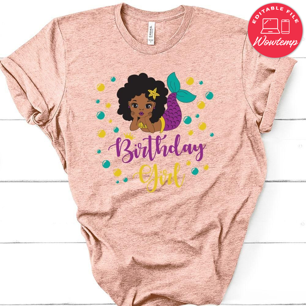 Black Afro Mermaid Birthday Girl T-Shirt