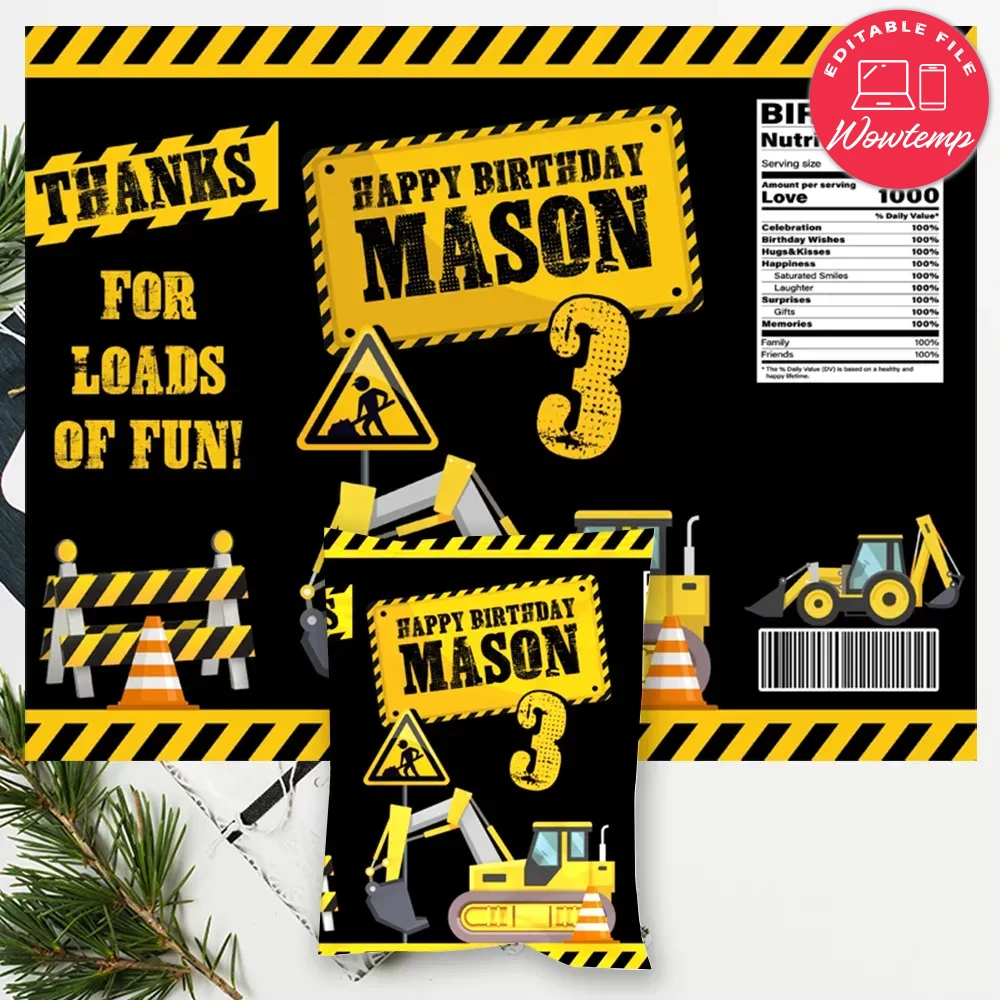 Construction Birthday Chip Bag Digital File DIY | Wowtemp