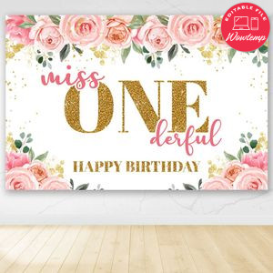 Miss Onederful Birthday Party Banner Backdrop Printable Instant Download