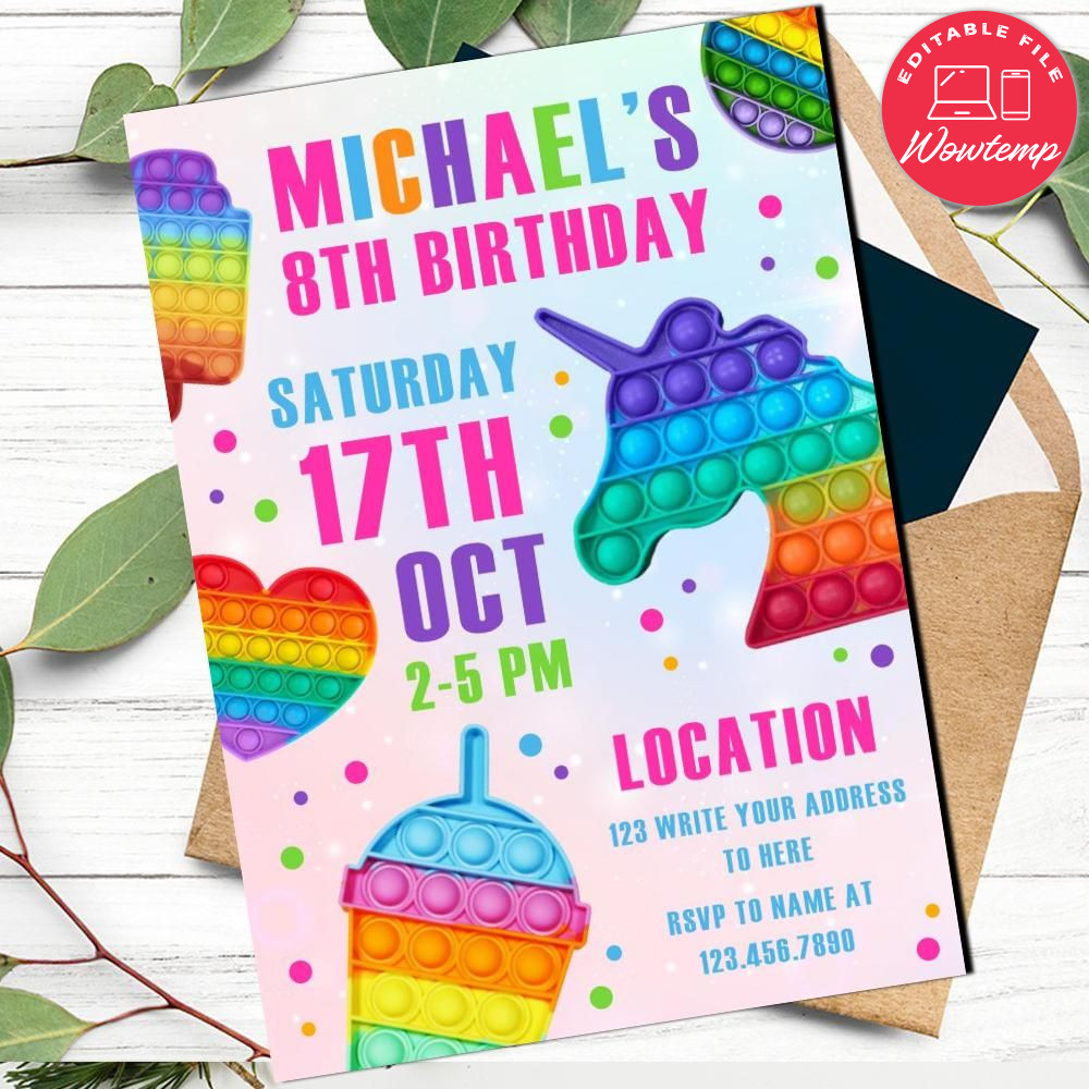 Pop It Party Invitation Customizable Template DIY | Wowtemp
