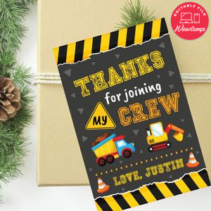 Construction Party Thank You Gift Tag Customizable Template Instant Download