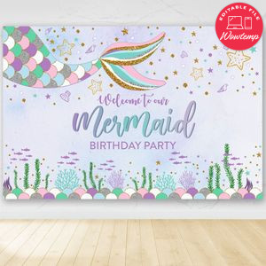 Mermaid Birthday Party Banner Backdrop Printable Instant Download