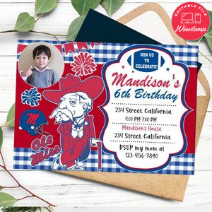 Ole miss Birthday Invitation with Photo Customizable Template to Print at Home Instant Download