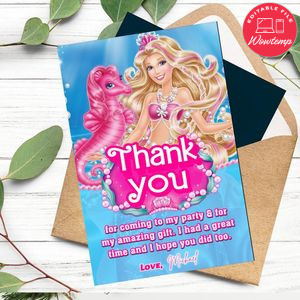 Sirena Barbie Thank You Card Customizable Template To Print At Home Instant Download