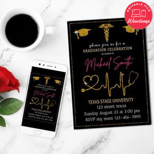 Medical assistant graduation Invitation Customizable Template to Print at Home Instant Download