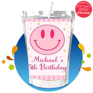 Preppy Pink Smiley Capri Sun Birthday Labels Digital File Printable Instant Download