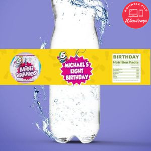 Surprise Mini Brands Birthday Water Bottle Label Template to Print at Home Instant Download