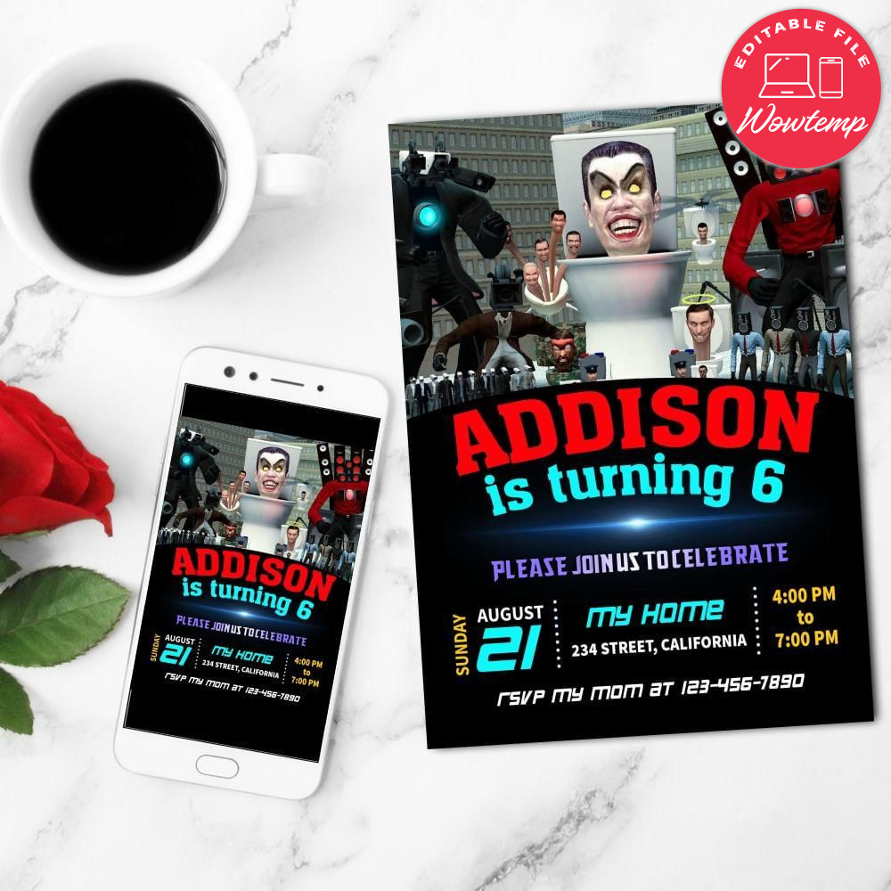 Skibidi toilet Birthday Flyer Customizable Template to Print at Home Instant Download