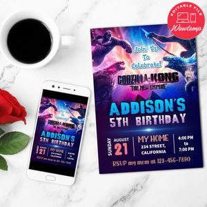 Godzilla Kong New Empire Birthday Flyer Customizable Template to Print at Home Instant Download