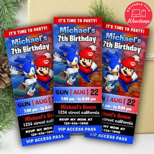 Sonic Mario Ticket Invitation Customizable Template Instant Download