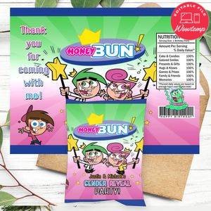 The Fairly Oddparents Gender Reveal Birthday Honey Buns Snack Bag Label Customizable Instant Download