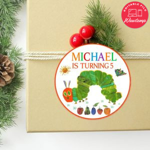 Hungry Caterpillar Circle Sticker Template Customizable to Print at Home Instant Download