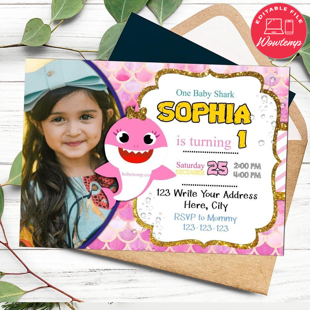 Baby Shark Birthday Flyer with Photo Customizable Template to Print at Home Instant Download