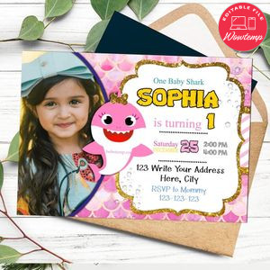 Baby Shark Birthday Flyer with Photo Customizable Template to Print at Home Instant Download