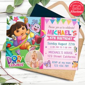 Dora the explorer Birthday Invitation with Photo Customizable Template to Print at Home Instant Download