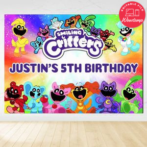 Smiling Critters Birthday Backdrop Digital File Template Instant Download