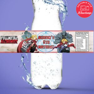Fullmetal Alchemist Birthday Water Bottle Label Template to Print at Home Instant Download