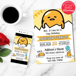 Gudetama Birthday Invitation Customizable Template to Print at Home Instant Download