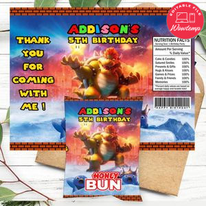 Bowser Birthday Honey Buns Snack Bag Label Customizable Instant Download